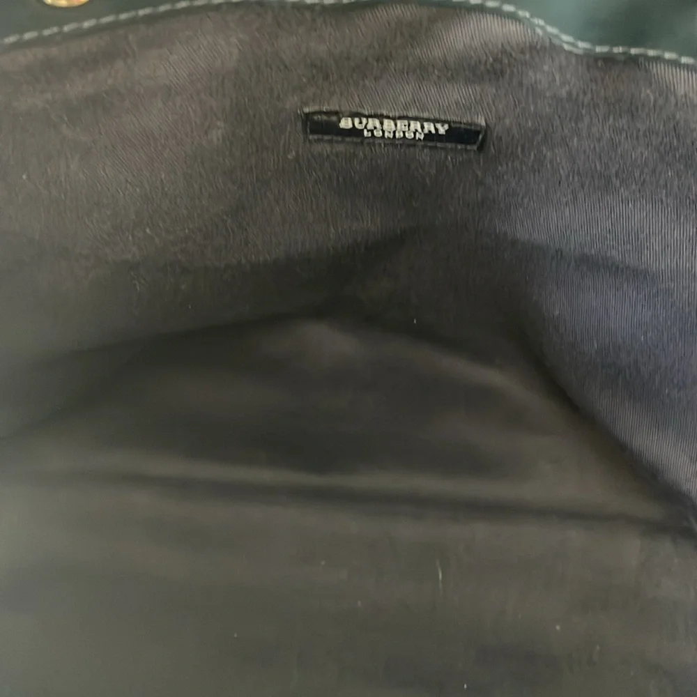 Burberry Navy Blue Striped Tote with Black Leather Pocket - Picture 7 of 12
